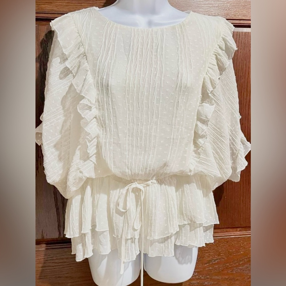 Express White Ruffled Blouse with Tie Waist 100%POLYESTER